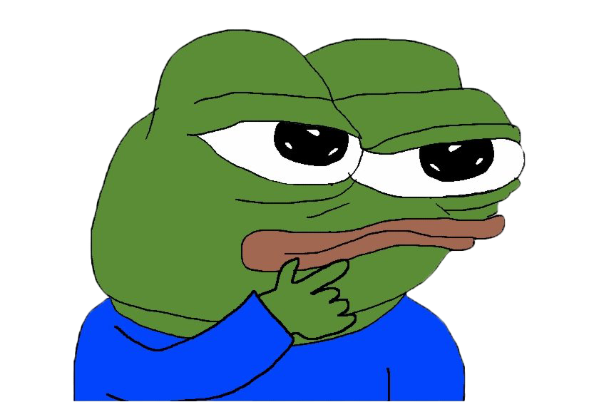 파란 옷을 입고 손으로 턱을 괴며 고민하는 페페 원본 밈